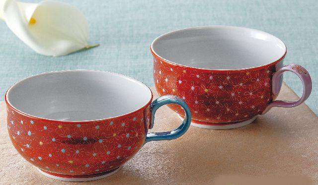 
九谷焼ギフト ご贈答品 御祝い 九谷焼ペアスープカップ 朱巻小花 河村澄香
